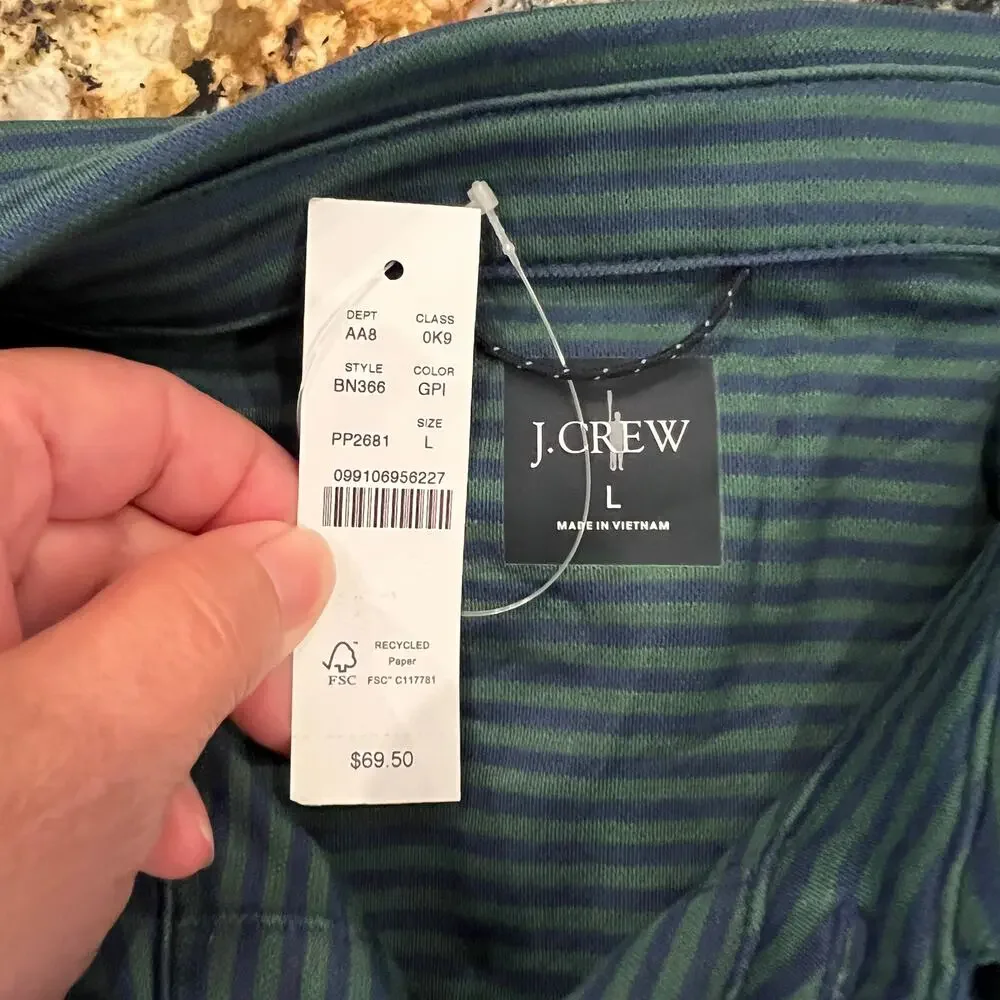 NWT J. Crew Men's Green & Navy Stripe Performance Coolmax Polo Shirt